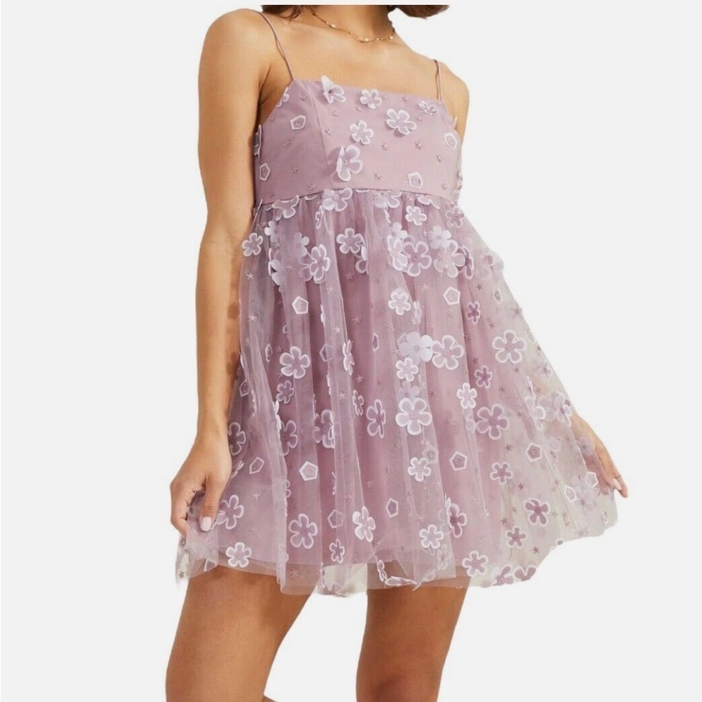 Trixxi Mesh Organza Floral Babydoll Mini Dress Deep Lilac Size Small